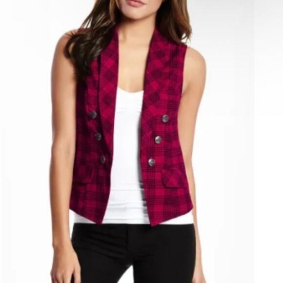 Guess Jackets & Blazers - Guess Sz M Red & Black Plaid Double-Breasted Military Style Vest Punk Rock Y2K